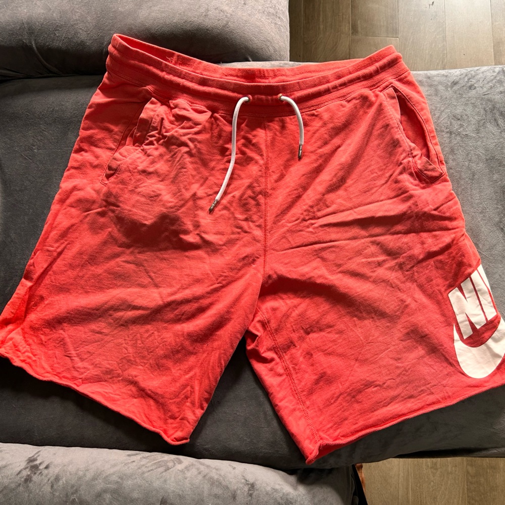 Nike Red and White Athletic Shorts with Drawstring Waistband